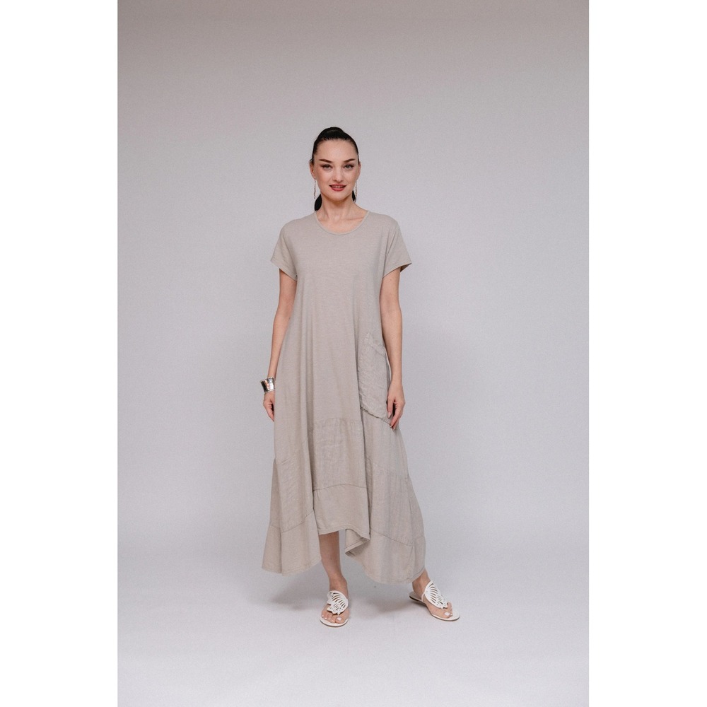 SAGA Italy Sustainable Cotton Asymmetrical Midi Dress Pink Short‎ Sleeve Pocket